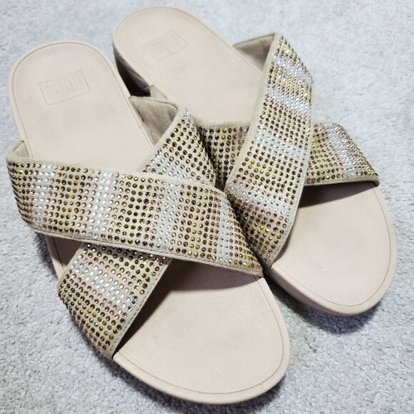 FITFLOP Slip-On Sequin Strobe Slide Sandals Stretch Beach Gold Silver Women's 11 - Picture 4 of 11